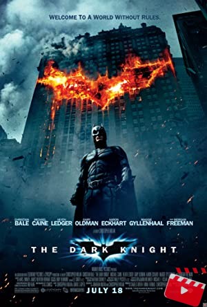Poster of The Dark Knight movie featuring Batman and Joker in the foreground and the skyline of Gotham City in the background