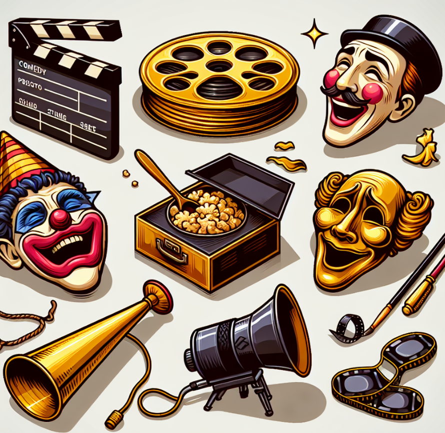 Include visuals of important props like slapstick, pies, a banana peel on the floor, or exaggerated facial expressions of characters. Additionally, display a golden film reel, an old-fashioned projector, and a comedy/tragedy theater mask to symbolize comedy classics. However, ensure no text is added to the image