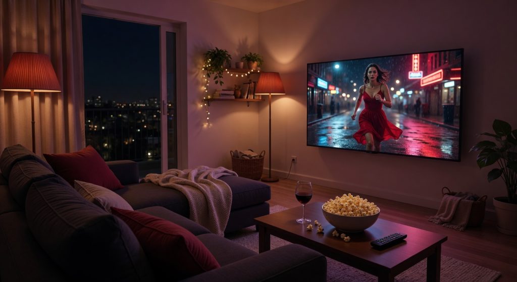 Cozy night in watching the best movies on Netflix with popcorn